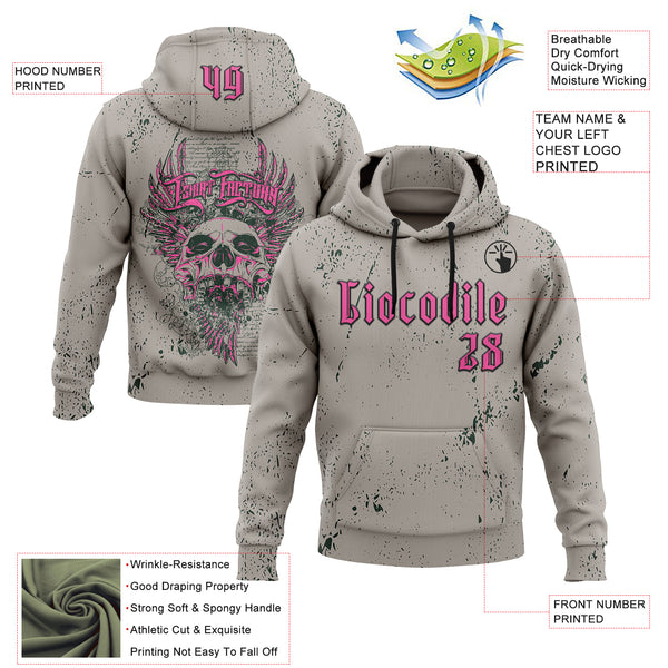 Custom Gray Pink-Black 3D Skull Gothic Destroyer Vintage Grunge Art Sports Pullover Sweatshirt Hoodie