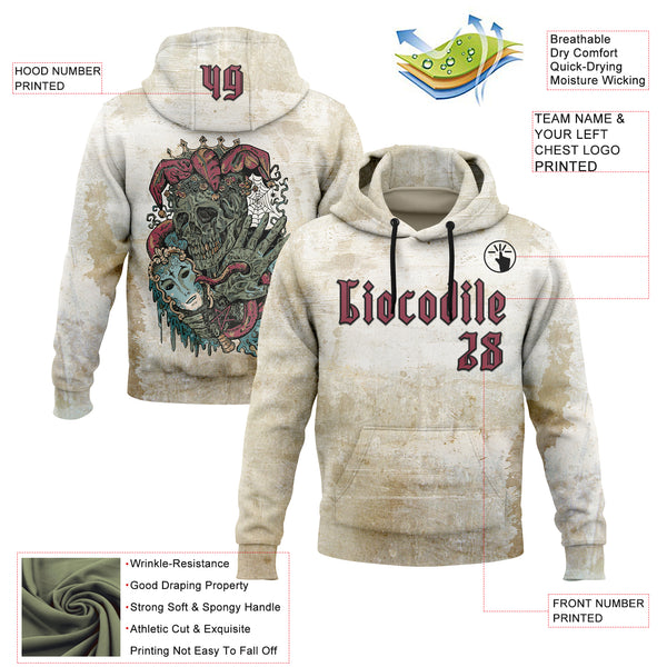 Custom Brown Pink-Black 3D Skull Gothic Clown Vintage Grunge Art Sports Pullover Sweatshirt Hoodie