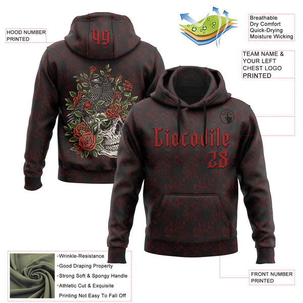 Custom Black Red 3D Skull Roses Gothic Royalty Crow Floral Sports Pullover Sweatshirt Hoodie