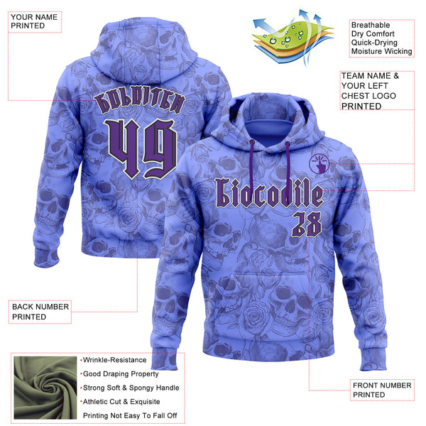 Custom Purple White-Black 3D Skull Roses Gothic Vintage Sports Pullover Sweatshirt Hoodie