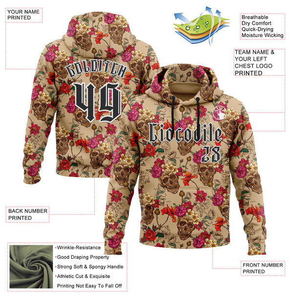 Custom Brown Black-White 3D Skull Roses Gothic Floral Vintage Sports Pullover Sweatshirt Hoodie