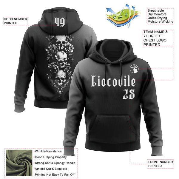 Custom Black White 3D Skull Roses Gothic Vintage Sports Pullover Sweatshirt Hoodie