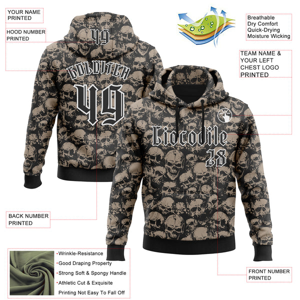 Custom Black White 3D Skull Gothic Vintage Grunge Art Sports Pullover Sweatshirt Hoodie