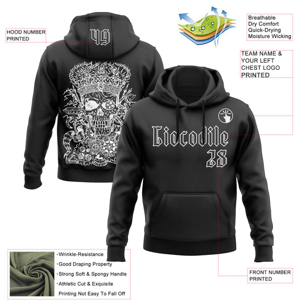 Custom Black White 3D Skull Gothic Emperor Vintage Grunge Art Sports Pullover Sweatshirt Hoodie