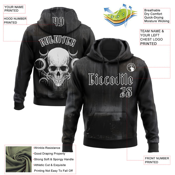 Custom Black White 3D Skull Gothic Vintage Grunge Art Sports Pullover Sweatshirt Hoodie