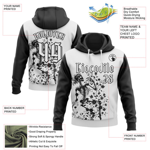 Custom White Black 3D Skull Gothic Floral Sports Pullover Sweatshirt Hoodie