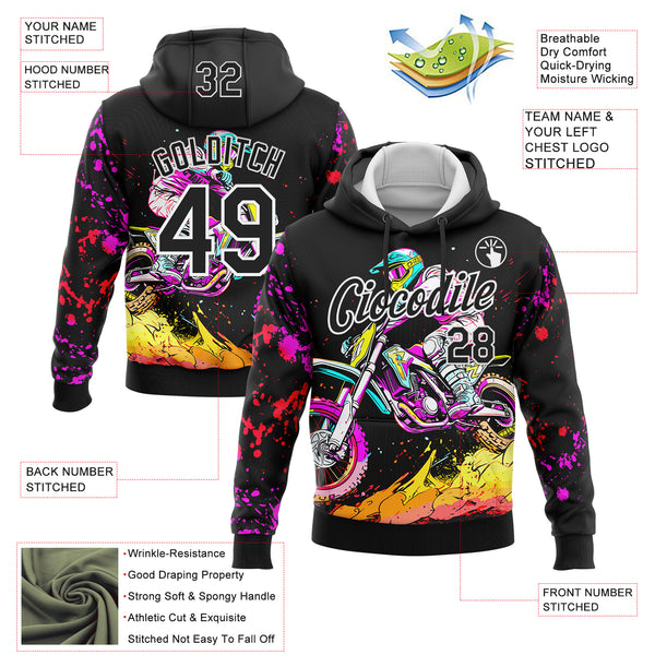 Custom Stitched Black White 3D Pattern Design Motorcycle Motocross Racing Sports Pullover Sweatshirt Hoodie