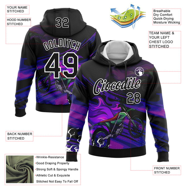 Custom Stitched Black White 3D Pattern Design Flame Motorcycle Motocross Racing Sports Pullover Sweatshirt Hoodie