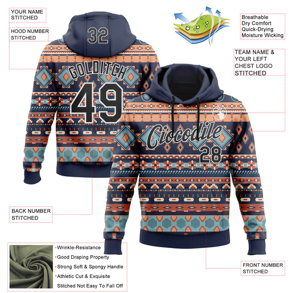 Custom Stitched Navy Black-White 3D Pattern Design Tribal Ethnic Native American Sports Pullover Sweatshirt Hoodie