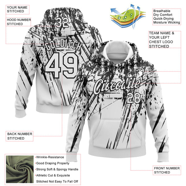 Custom Stitched White Black 3D Pattern Design Splash Grunge Art Sports Pullover Sweatshirt Hoodie