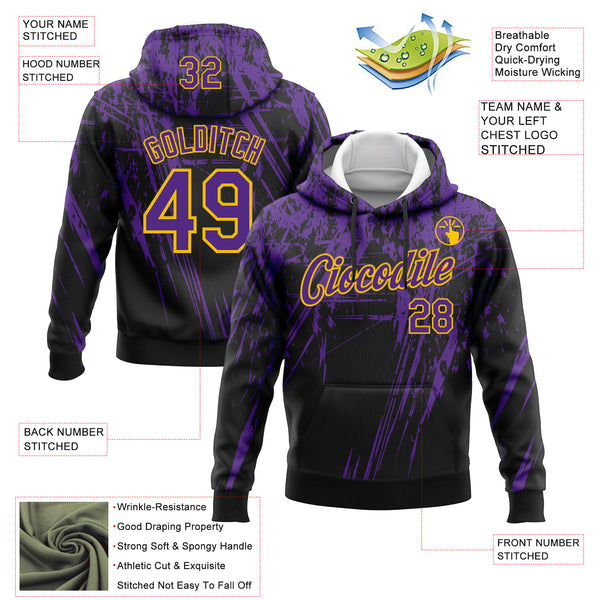 Custom Stitched Black Purple-Yellow 3D Pattern Design Splash Grunge Art Sports Pullover Sweatshirt Hoodie