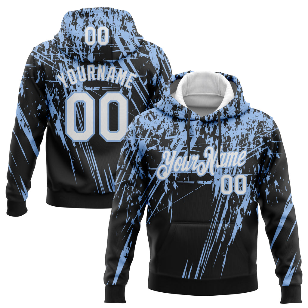 Custom Stitched Black White-Light Blue 3D Pattern Design Splash Grunge Art Sports Pullover Sweatshirt Hoodie