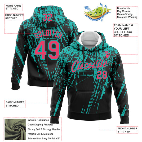 Custom Stitched Black Neon Pink-Aqua 3D Pattern Design Splash Grunge Art Sports Pullover Sweatshirt Hoodie