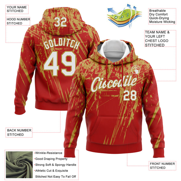 Custom Stitched Red White-Old Gold 3D Pattern Design Splash Grunge Art Sports Pullover Sweatshirt Hoodie