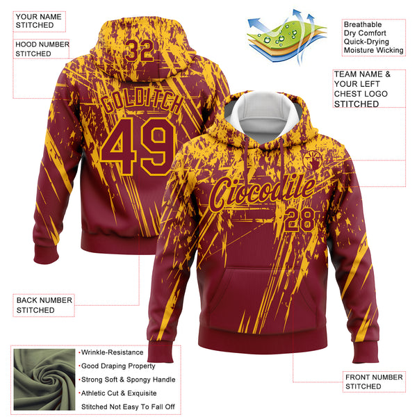 Custom Stitched Crimson Gold 3D Pattern Design Splash Grunge Art Sports Pullover Sweatshirt Hoodie