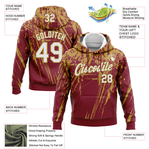 Custom Stitched Crimson White-Old Gold 3D Pattern Design Splash Grunge Art Sports Pullover Sweatshirt Hoodie