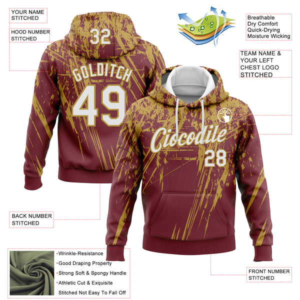 Custom Stitched Burgundy White-Old Gold 3D Pattern Design Splash Grunge Art Sports Pullover Sweatshirt Hoodie