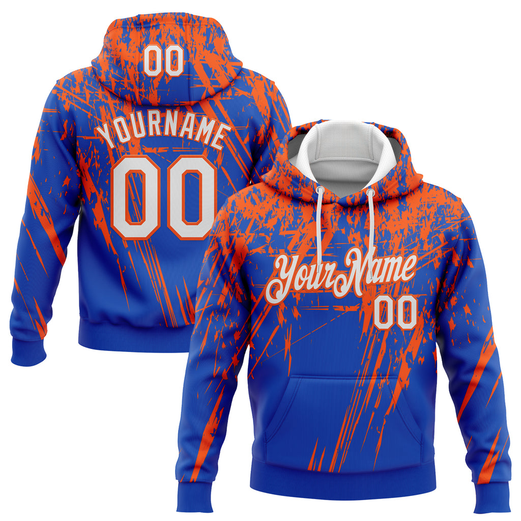 Custom Stitched Thunder Blue White-Orange 3D Pattern Design Splash Grunge Art Sports Pullover Sweatshirt Hoodie