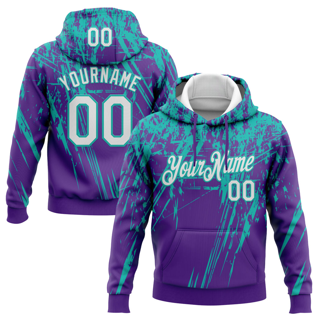 Custom Stitched Purple White-Aqua 3D Pattern Design Splash Grunge Art Sports Pullover Sweatshirt Hoodie