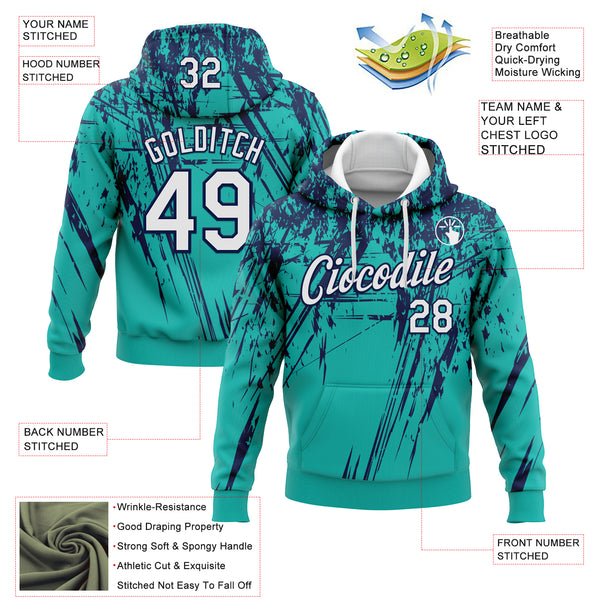 Custom Stitched Aqua White-Navy 3D Pattern Design Splash Grunge Art Sports Pullover Sweatshirt Hoodie