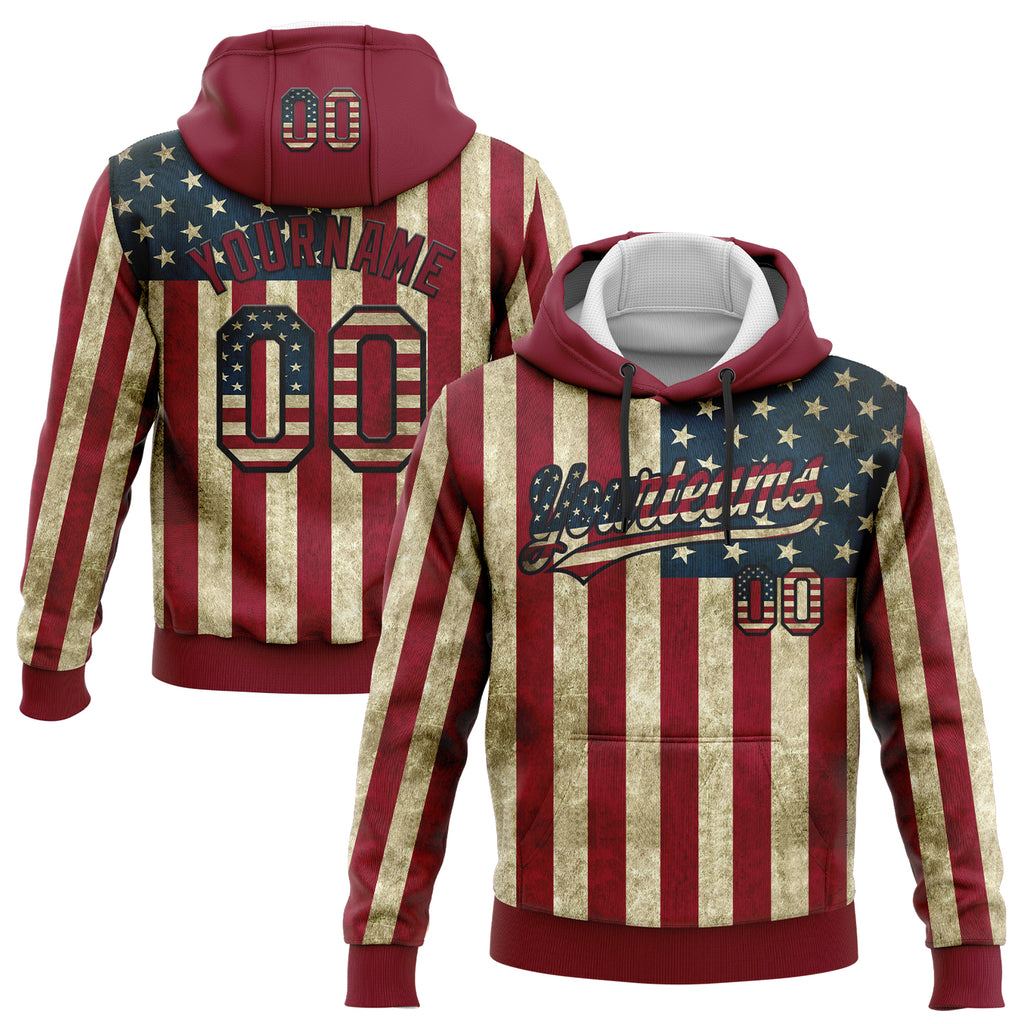 Custom Stitched Crimson Vintage USA Flag Cream-Black 3D American Flag Sports Pullover Sweatshirt Hoodie