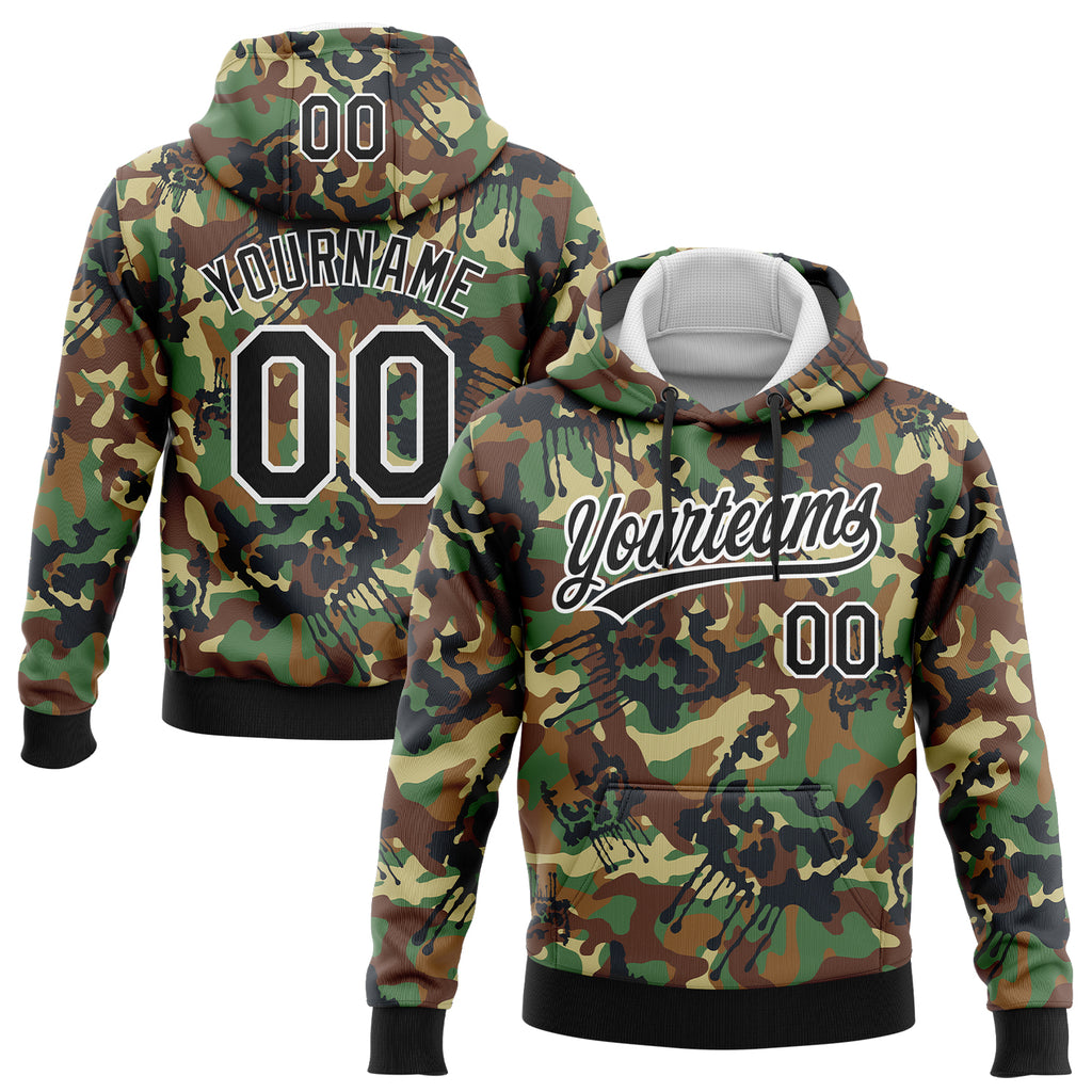 Custom Stitched Camo Black-White 3D Graffiti Drips Sports Pullover Sweatshirt Salute To Service Hoodie