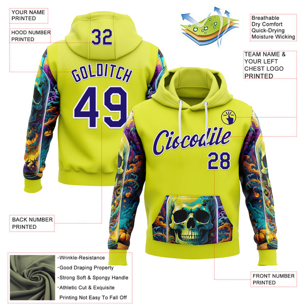 Custom Neon Yellow Dark Purple-White 3D Skull Psychedelic Sports Pullover Sweatshirt Hoodie