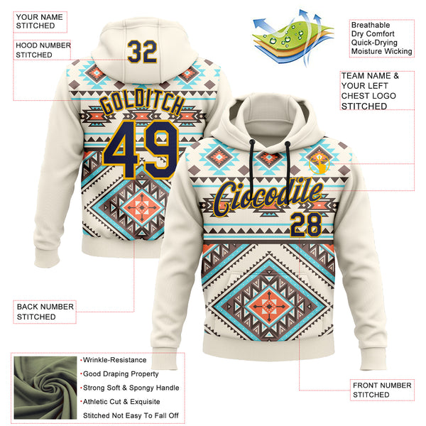 Custom Stitched Cream Navy Blue Orange Gray-Gold 3D Mexico Aztec Pattern Sports Pullover Sweatshirt Hoodie