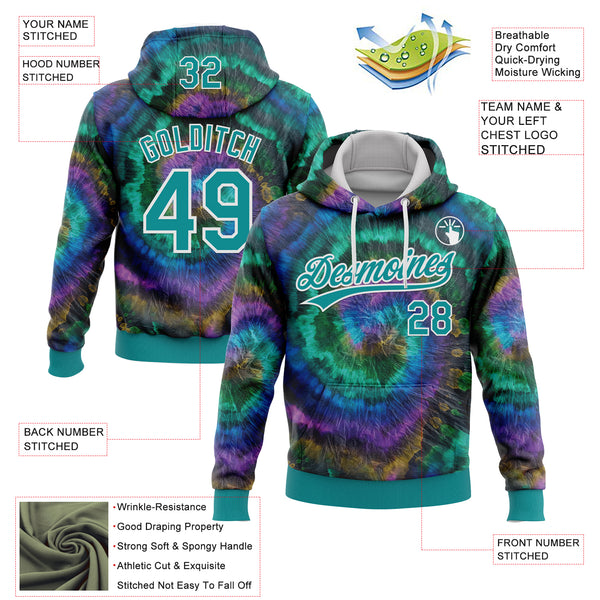 Custom Stitched Tie Dye Teal-White 3D Sports Pullover Sweatshirt Hoodie