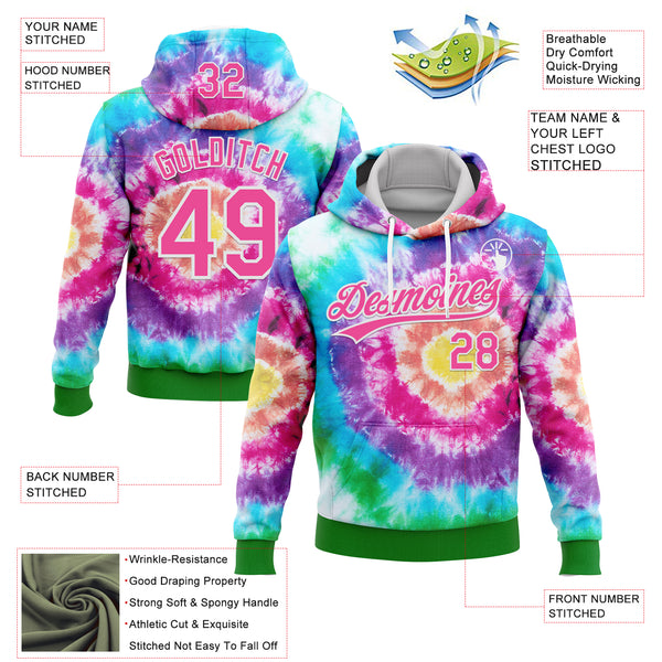 Custom Stitched Tie Dye Pink-White 3D Sports Pullover Sweatshirt Hoodie