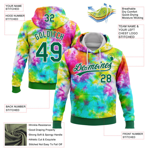 Custom Stitched Tie Dye Kelly Green-White 3D Sports Pullover Sweatshirt Hoodie
