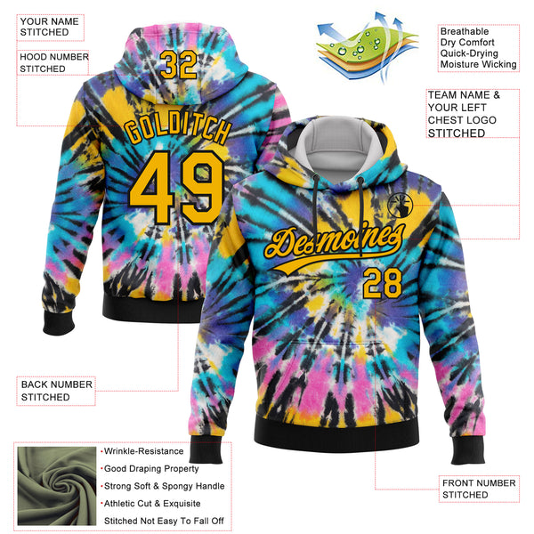 Custom Stitched Tie Dye Gold-Black 3D Sports Pullover Sweatshirt Hoodie