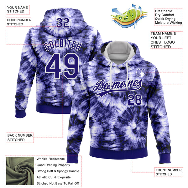 Custom Stitched Tie Dye Dark Purple-White 3D Sports Pullover Sweatshirt Hoodie