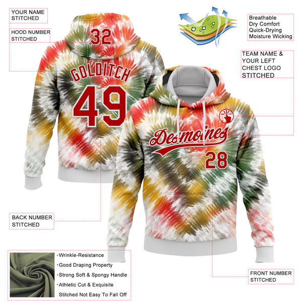 Custom Stitched Tie Dye Red-White 3D Sports Pullover Sweatshirt Hoodie