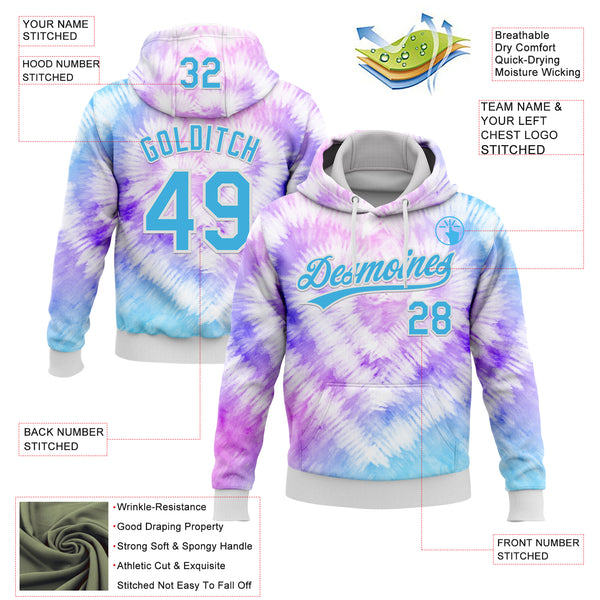 Custom Stitched Tie Dye Sky Blue-White 3D Sports Pullover Sweatshirt Hoodie