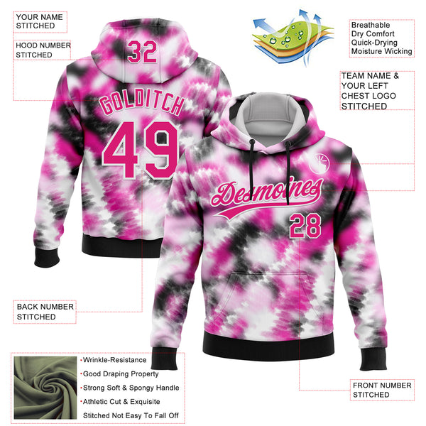Custom Stitched Tie Dye Hot Pink-White 3D Sports Pullover Sweatshirt Hoodie