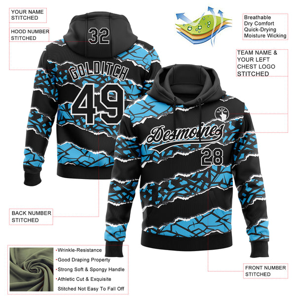 Custom Stitched Black Sky Blue-White 3D Pattern Design Torn Paper Style Sports Pullover Sweatshirt Hoodie