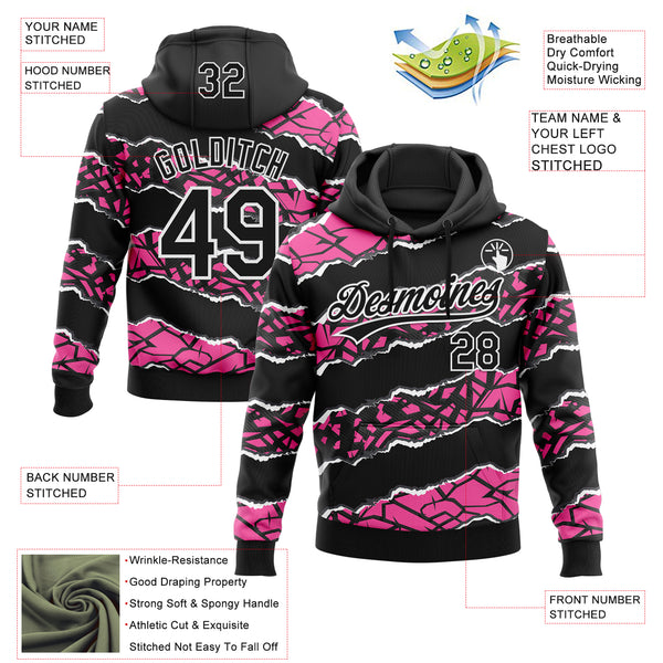 Custom Stitched Black Pink-White 3D Pattern Design Torn Paper Style Sports Pullover Sweatshirt Hoodie