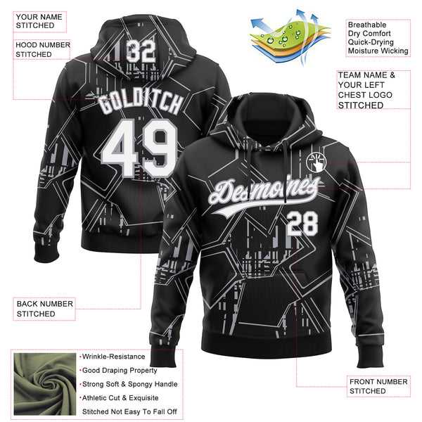 Custom Stitched Black White-Gray 3D Pattern Design Line Sportswear Pullover Sweatshirt Hoodie