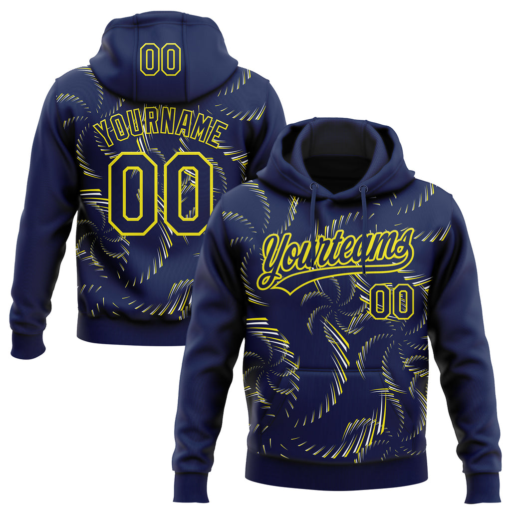Custom Stitched Navy Light Yellow-White 3D Pattern Design Line Sportswear Pullover Sweatshirt Hoodie