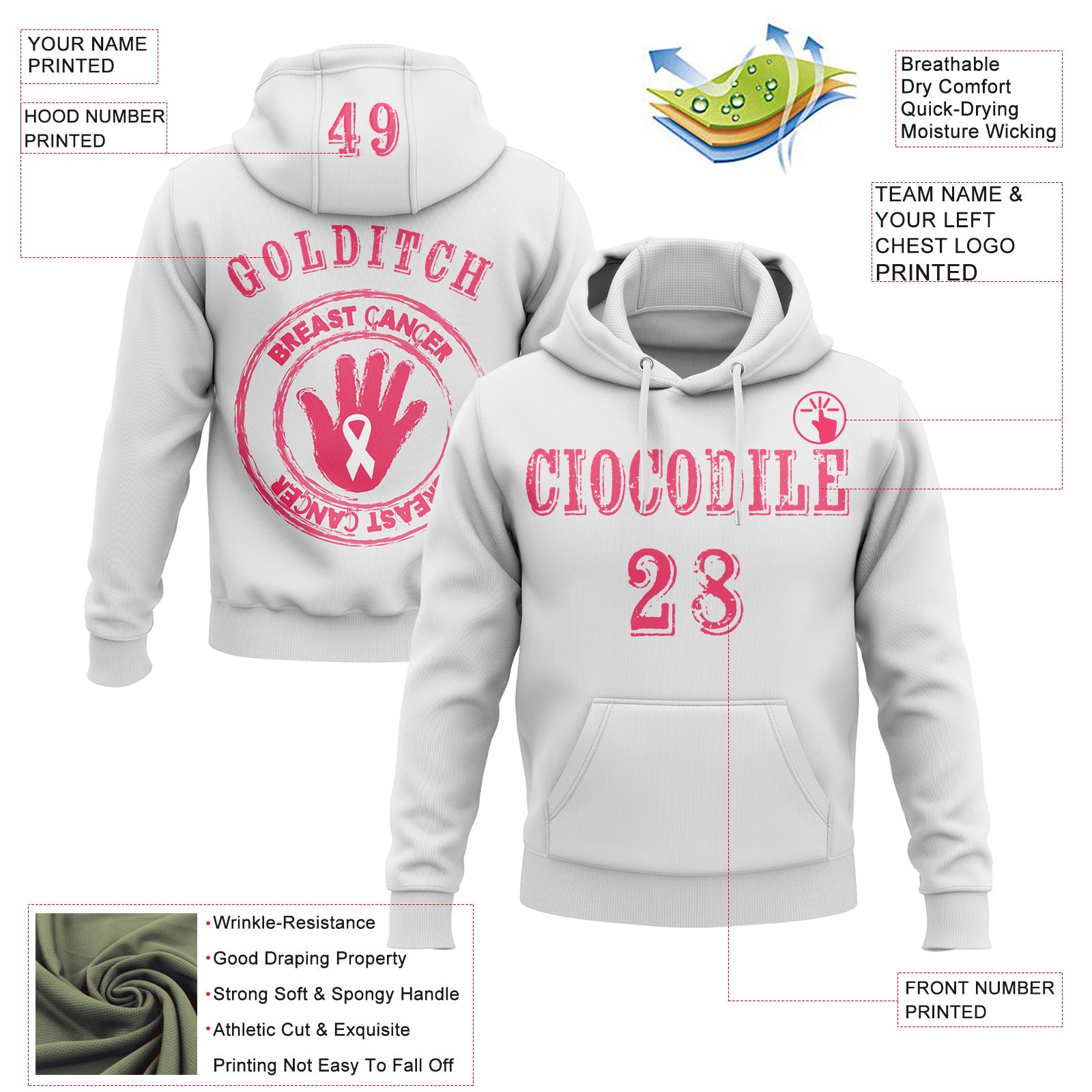Custom White Neon Pink 3D Pink Ribbon Breast Cancer Awareness Women Health Care Support Sports Pullover Sweatshirt Hoodie