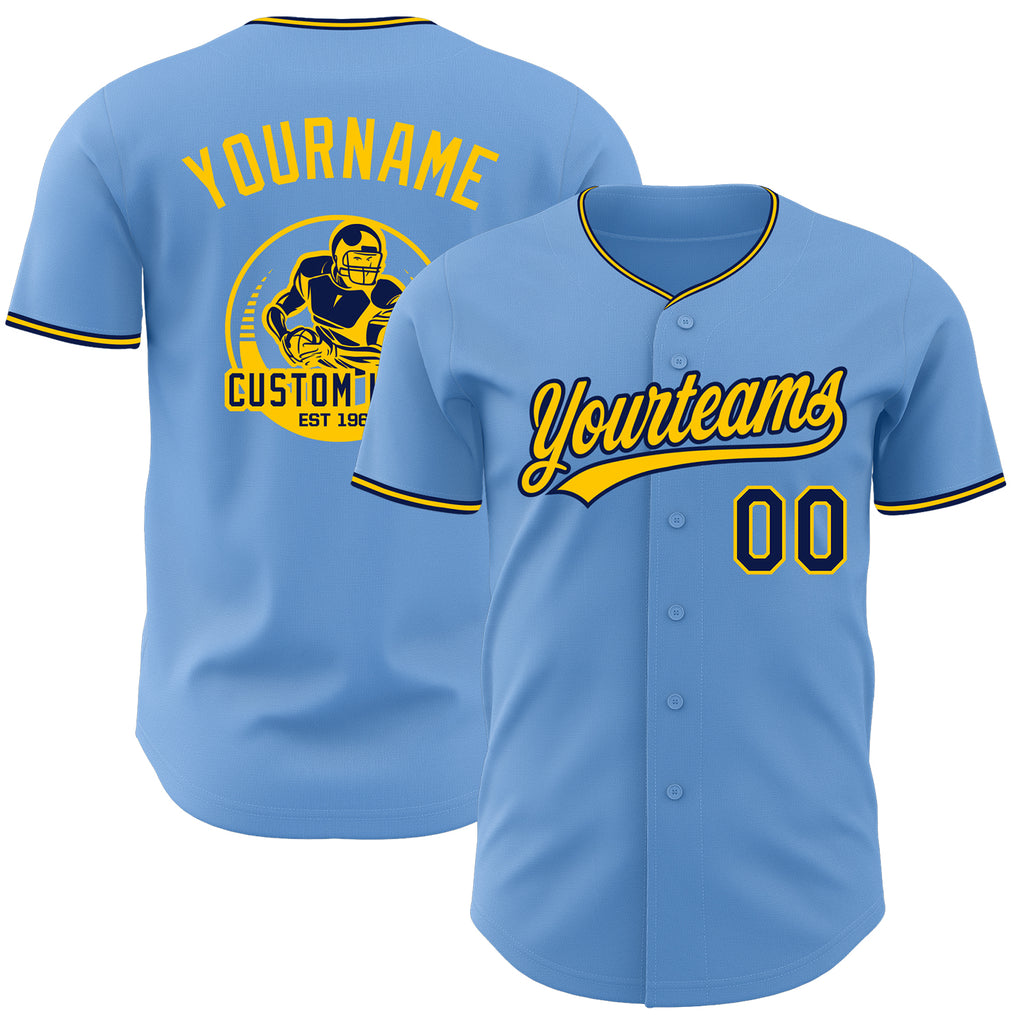 Custom Light Blue Navy-Yellow Authentic Baseball Jersey