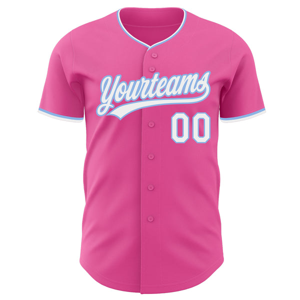 Custom Pink White-Light Blue Authentic Baseball Jersey