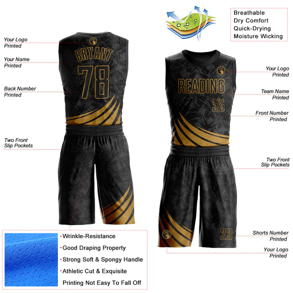 Custom Black Old Gold Wind Shapes Round Neck Sublimation Basketball Suit Jersey