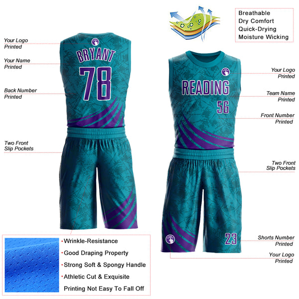 Custom Teal Purple-White Wind Shapes Round Neck Sublimation Basketball Suit Jersey