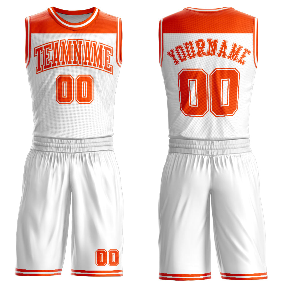 Custom White Orange Color Block Round Neck Sublimation Basketball Suit Jersey