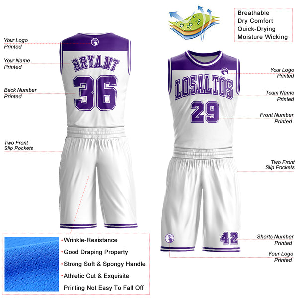 Custom White Purple Color Block Round Neck Sublimation Basketball Suit Jersey