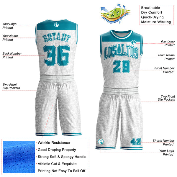 Custom White Teal Color Block Round Neck Sublimation Basketball Suit Jersey