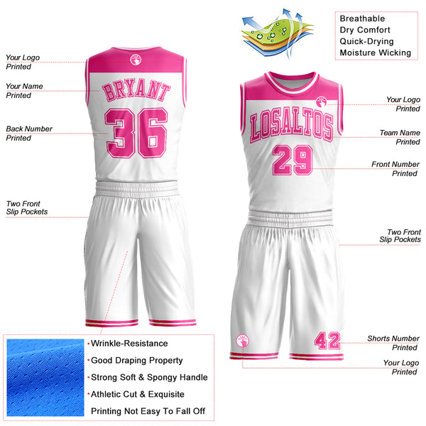 Custom White Pink Color Block Round Neck Sublimation Basketball Suit Jersey