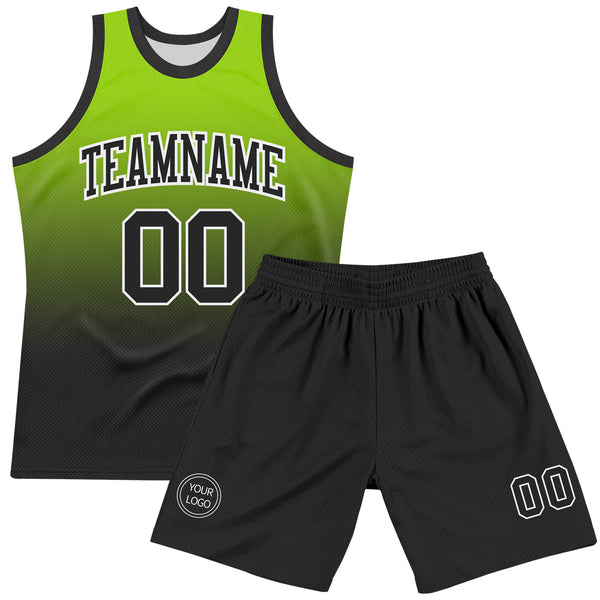 Custom Neon Green Black-White Fade Fashion Round Neck Sublimation Basketball Suit Jersey